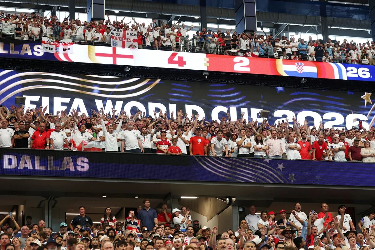 ARLINGTON, TEXAS - JUNE 17: Fans of England show their support during the FIFA World Cup 2026 Group L match between England and Croatia at Dallas Stadium on June 17, 2026 in Arlington, Texas. (Photo by Eddie Keogh - The FA/The FA via Getty Images)