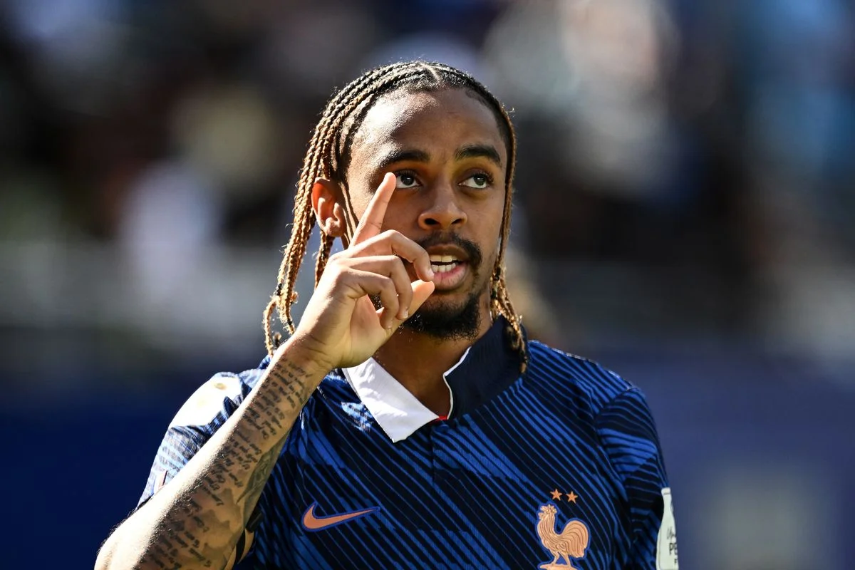 EAST RUTHERFORD, NEW JERSEY - JUNE 16: Bradley Barcola of France celebrates his goal during the FIFA World Cup 2026 Group I match between France and Senegal at New York New Jersey Stadium on June 16, 2026 in East Rutherford, New Jersey. (Photo by Image Photo Agency/Getty Images)