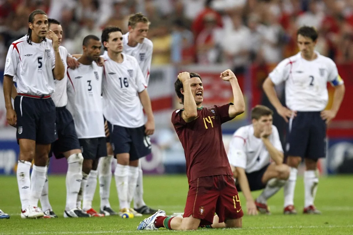 Portugal's Nuno Valente celebrates after a team-mate scored a penalty kick during the the World Cup 2006 quarter-final against England